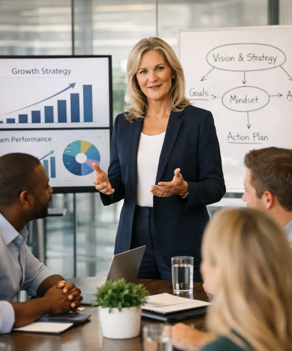 Victoria Romo liderando sesión de consultoría estratégica y coaching PNL para equipos de alto rendimiento.