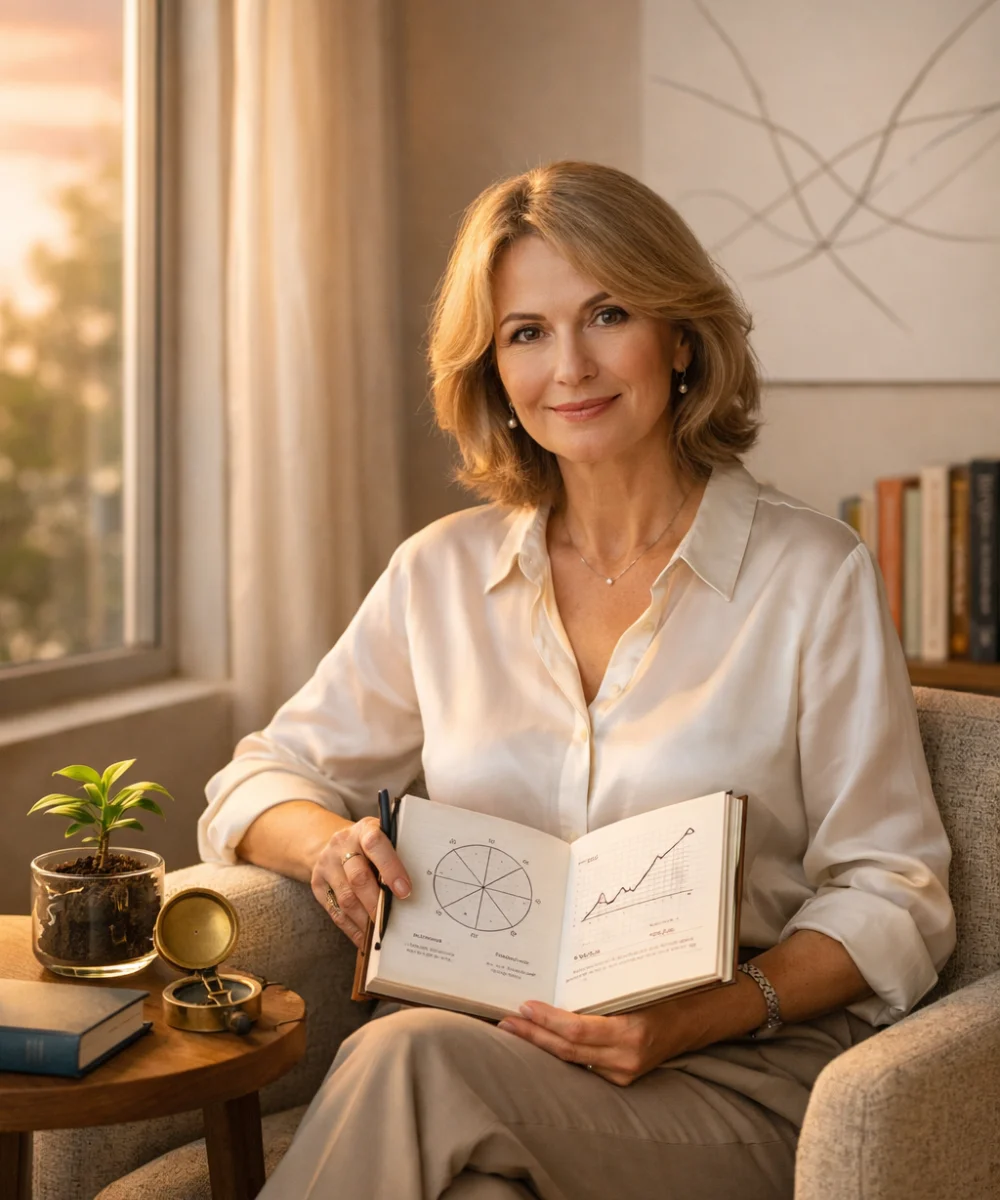 Victoria Romo en su espacio de consulta sosteniendo un cuaderno de crecimiento personal y profesional.