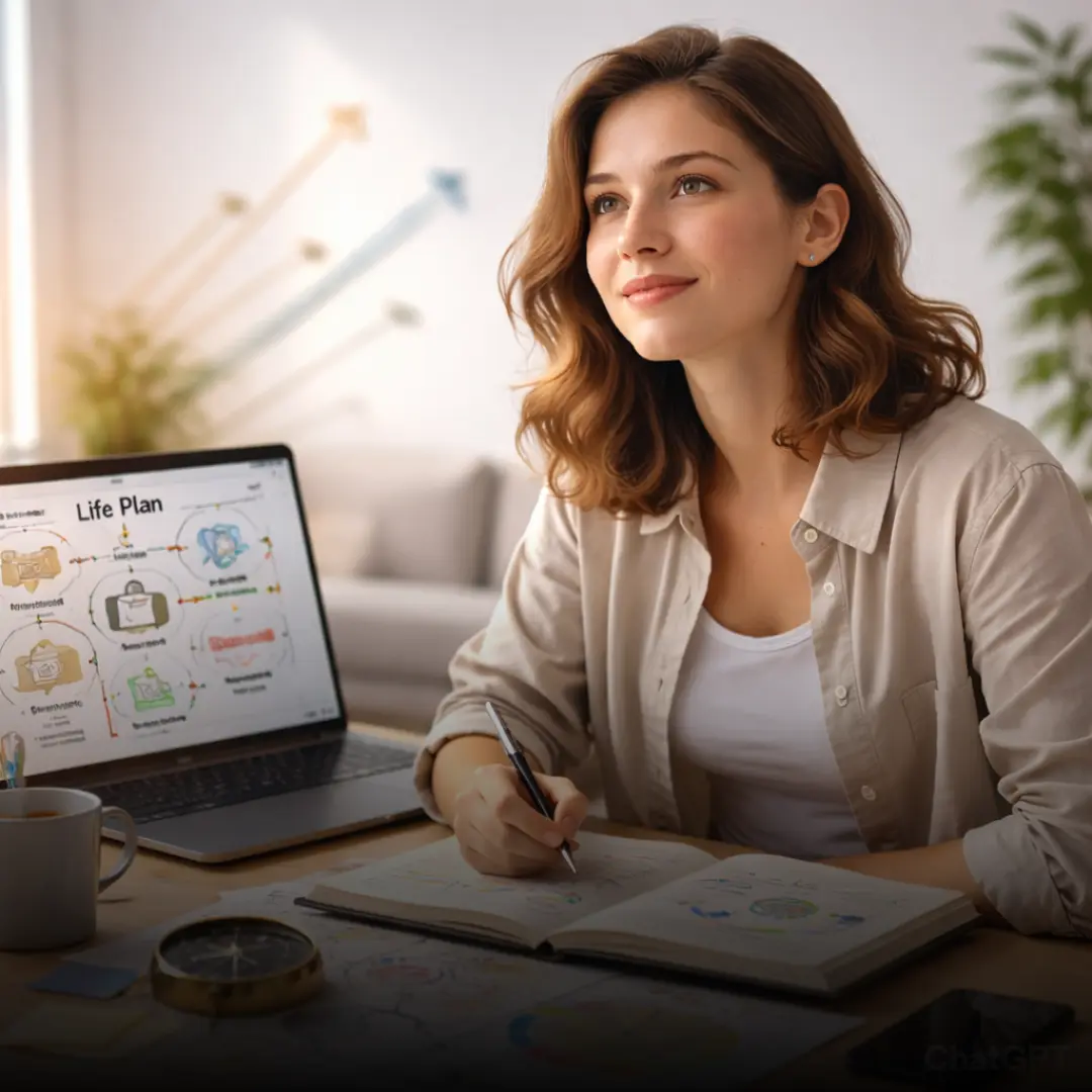 Joven diseñando su plan de vida y metas profesionales con herramientas de coaching y PNL.