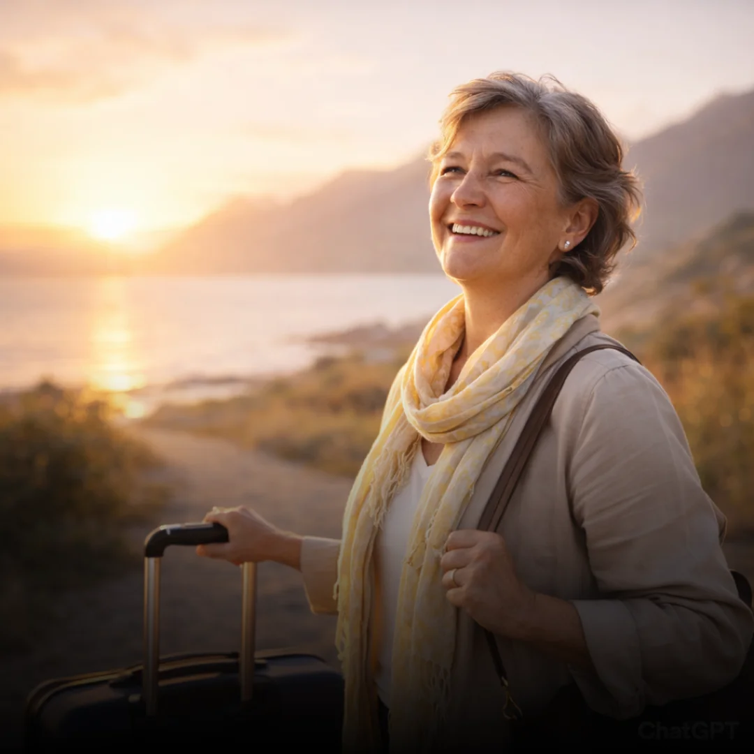 Mujer sonriente con maleta en la playa iniciando su jubilación con un nuevo proyecto de vida.