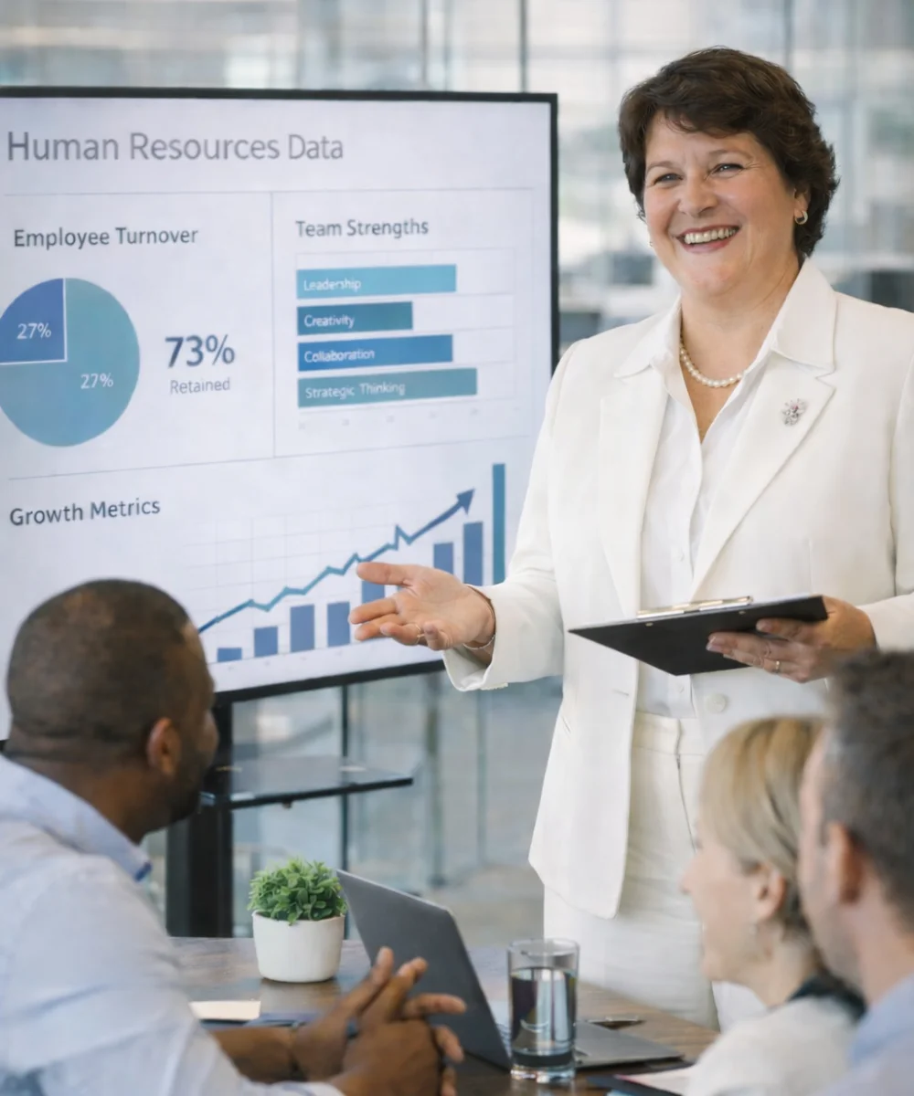 Victoria Romo analizando datos de recursos humanos y retención de talento con un equipo de trabajo.