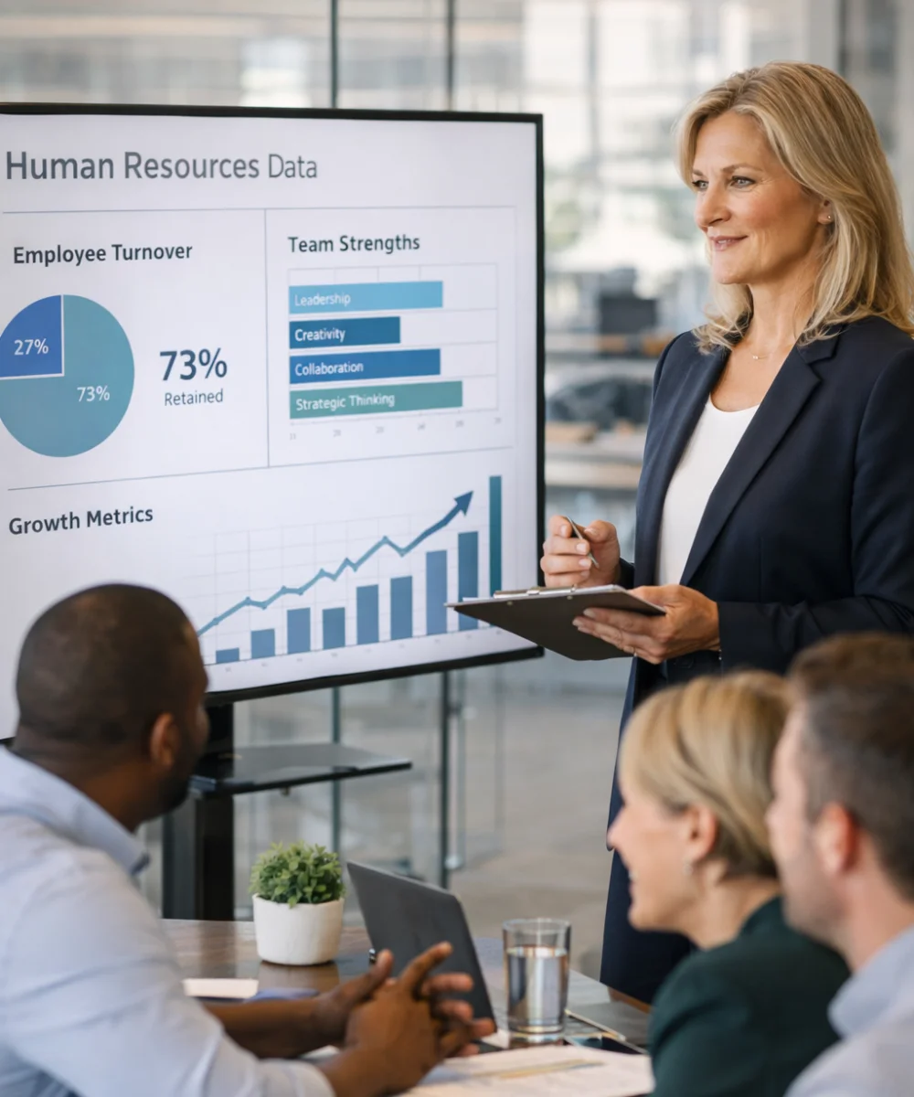 Victoria Romo analizando datos de recursos humanos y retención de talento con un equipo de trabajo.