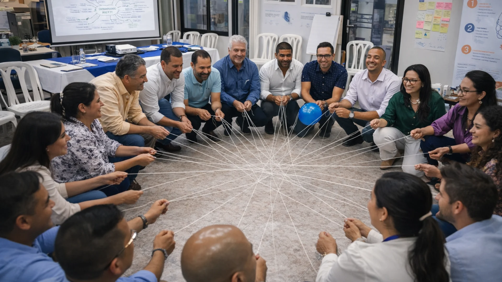 Equipo de trabajo realizando dinámica de red y comunicación efectiva en taller de PNL.