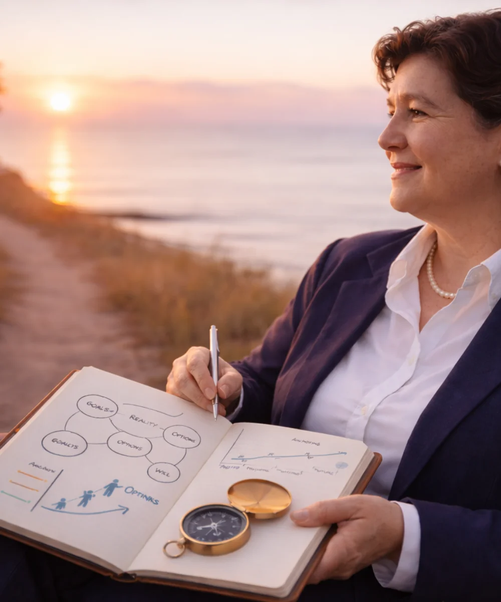 Victoria Romo diseñando tu proyecto de vida con una brújula y herramientas de PNL frente al mar.