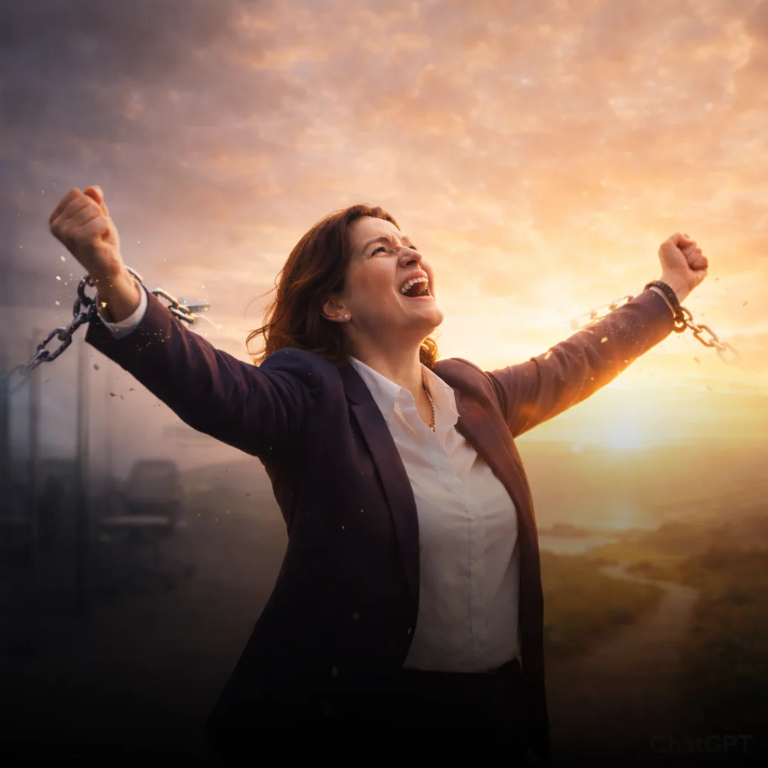 Mujer rompiendo cadenas al atardecer simbolizando la liberación de creencias limitantes con PNL.