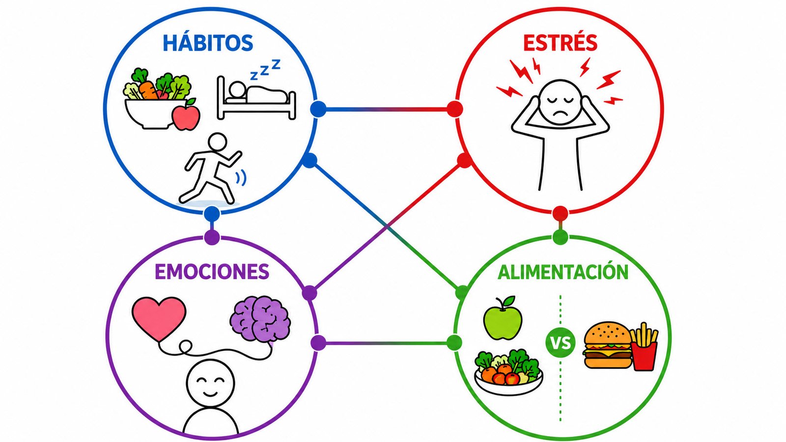 Infográfico hábitos que afectan la salud: estrés, alimentación, sueño y emociones como causas de enfermedad