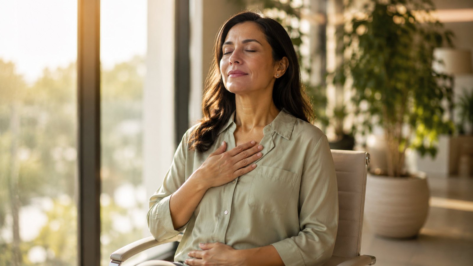 ¿ Deja de estar EN estado de alerta.? Señales de que tu cuerpo está en modo supervivencia y cómo recuperar tu calma 3 Mujer practicando respiración consciente para calmar el estrés