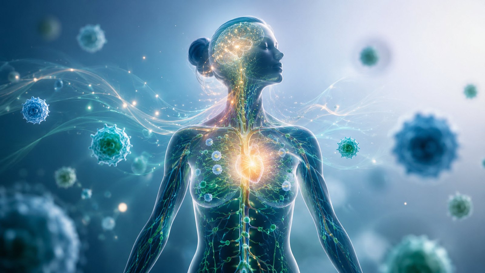 Enfermedades autoinmunes y emociones: por qué el cuerpo se ataca a sí mismo y cómo sanar desde el alma 1 Ilustración de silueta humana con el sistema inmune y emociones representadas alrededor del cuerpo