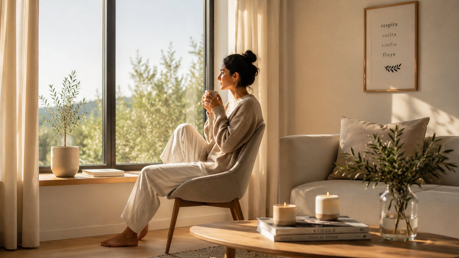 Slow Life: Por qué tu cuerpo y tu espíritu necesitan que dejes de correr 1 Persona practicando Slow Life en su rutina matutina, tomando un té en silencio sin usar el celular, como ejemplo de ritual de mañana consciente para vivir con menos estrés