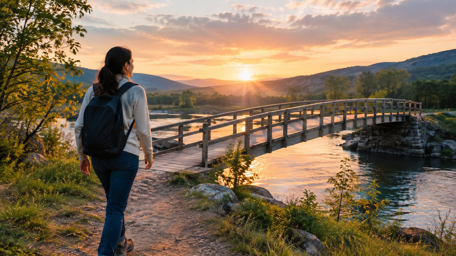 Persona de espaldas caminando hacia un puente en la naturaleza, simbolizando la decisión de construir puentes en la vida y superar una crisis
