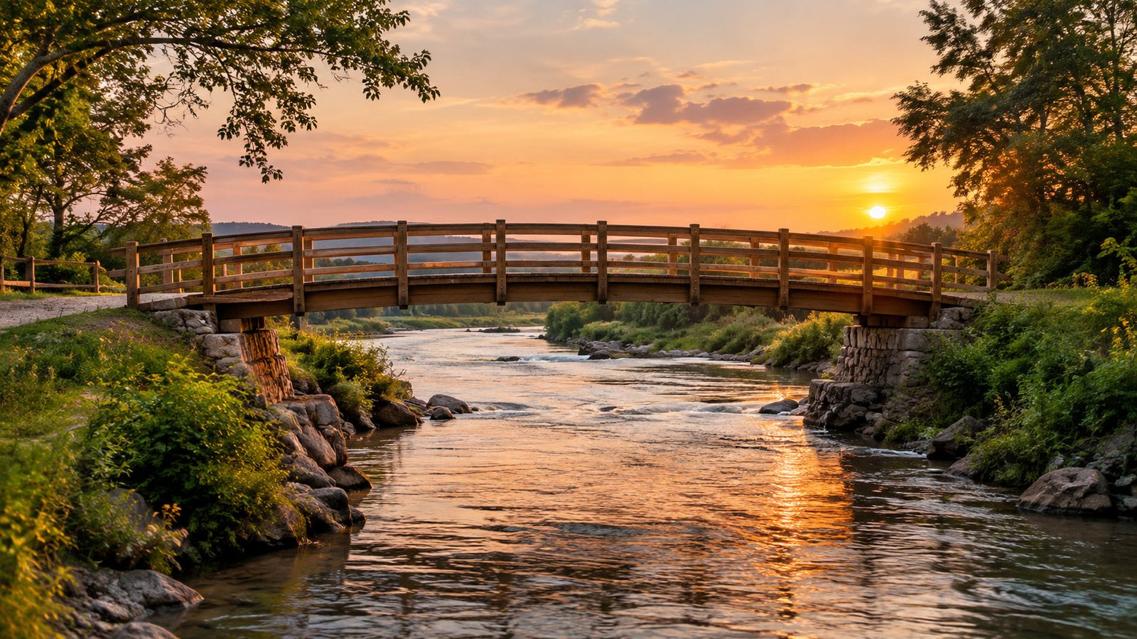 Puente de madera que une dos orillas sobre un río, representando la metáfora de un puente en las relaciones y en la vida